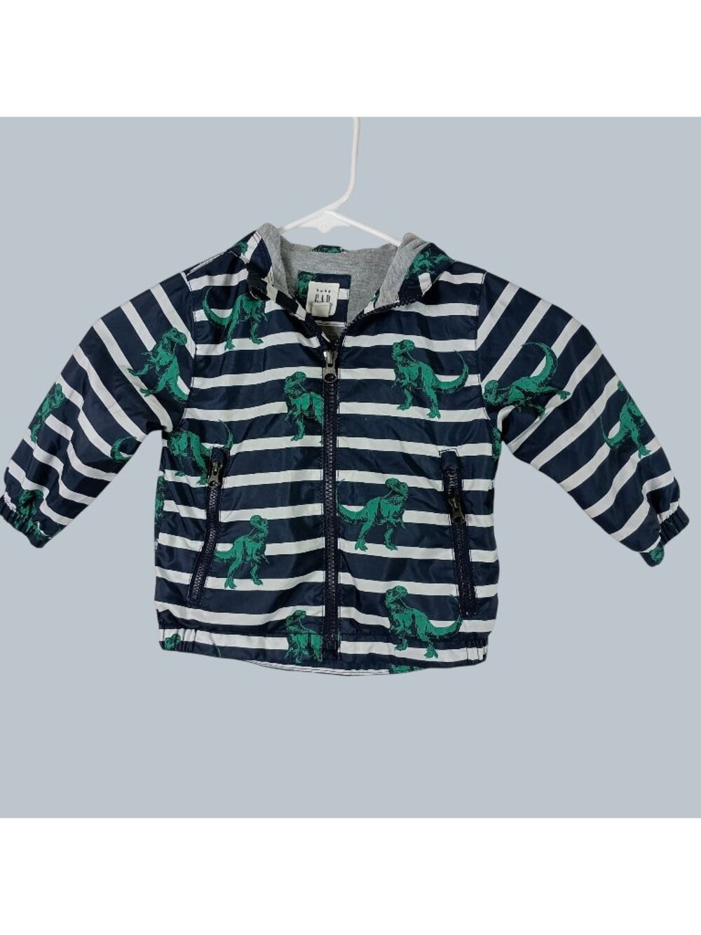 Baby Gap Dinosaur Striped Windbreaker Jacket Toddler 12-18M Lined Fall Outerwear